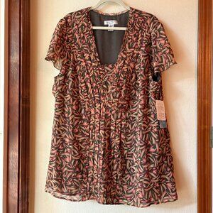 NWT Nine West 100% Silk Blouse Pleated Short Ruffle Sleeve Autumn Leaves Sz 22W
